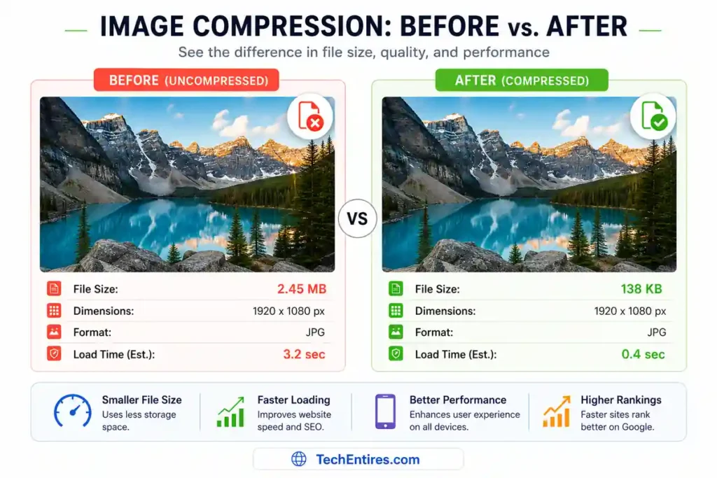 Before after comparison of a compressed vs. uncompressed image file size Before after comparison of a compressed vs. uncompressed image file size