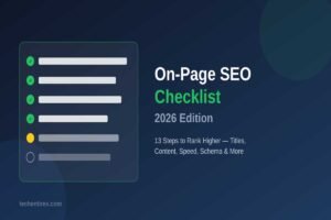 On-page SEO checklist 2026 infographic showing 13 ranking steps