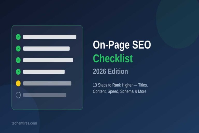 On-page SEO checklist 2026 infographic showing 13 ranking steps